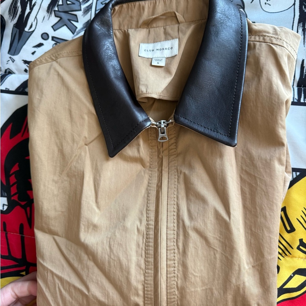 Club Monaco Tan Lightweight Jacket with Dark Brown Leather Collar